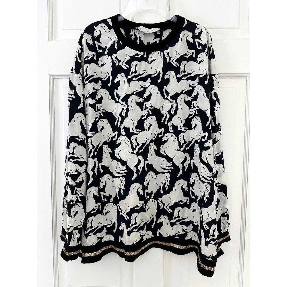 Stella McCartney Ines Running Horses Print Silk Top Shirt Black White IT 38 - Picture 2 of 10